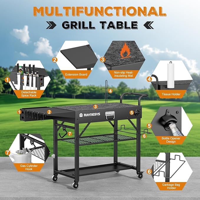 Outdoor Grill Cart, 440lbs Outdoor Grill Table, 31x17 inch Blackstone Griddle Stand, Portable Folding Cart with Wheels, 2-Tier Storage Rack & Side Storage Box (Black)
