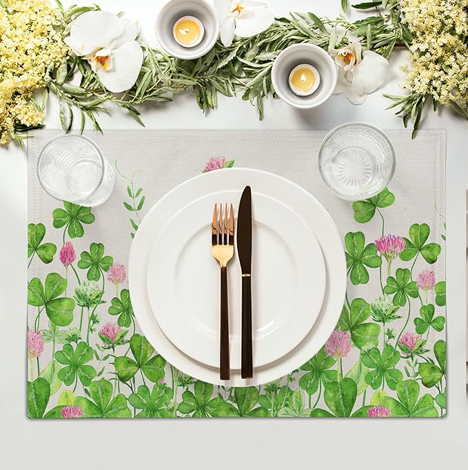 Shamrocks St. Patrick's Day Placemats Set of 4 Watercolor Lucky Clovers St Patrick's Day Table Mats Seasonal Spring Green Leaves Linen Place Mats for Party Kitchen Dining Outdoor Indoor Decor
