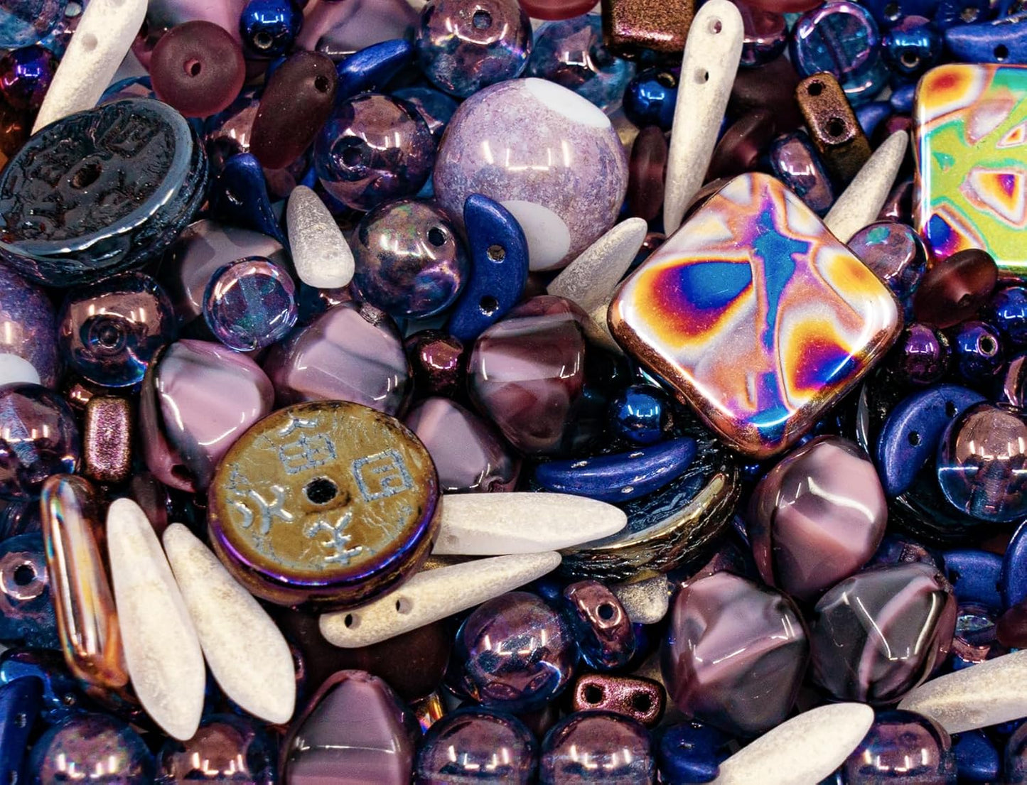 1.4oz (40g) Limited Mix of Czech Glass Beads Table Cut, Matte and Glossy, Faceted Fire Polish, Hand Made Set Kit, Beige Violet Purple