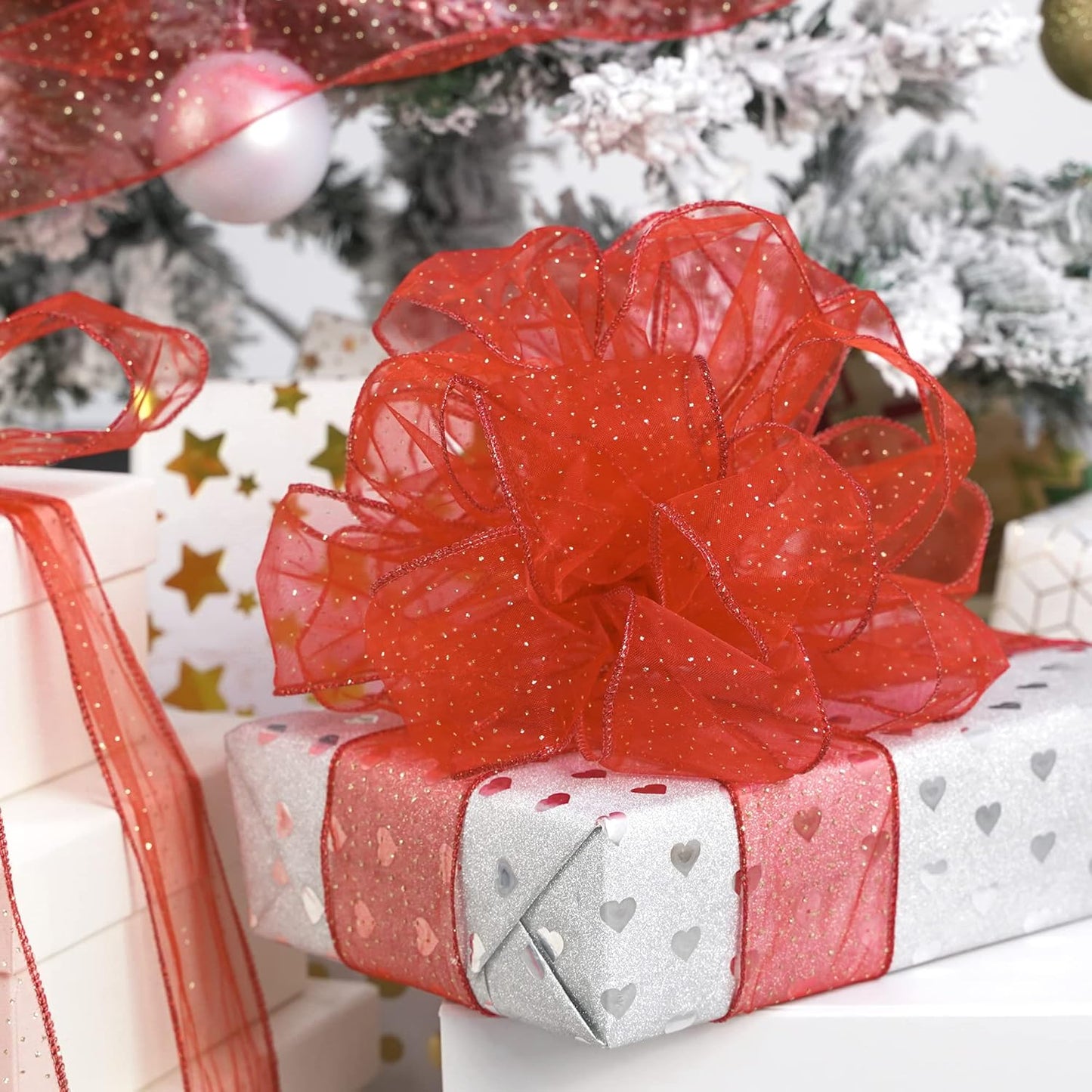 MEEDEE Red Gold Wired Ribbon - 2.5 Inch Sheer Ribbon with Gold Glitter Polka Dots for Christmas Tree, Wreath and Bow Making