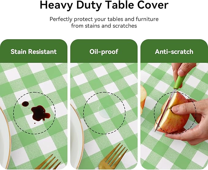 Romanstile Rectangle Vinyl Tablecloth, 100% Waterproof Buffalo Gingham Plastic Table Cloth, Heavy Duty Wipeable Checkered Table Covers for Outdoor, Camping, Picnic, Patio - 54 x 78, Light Green