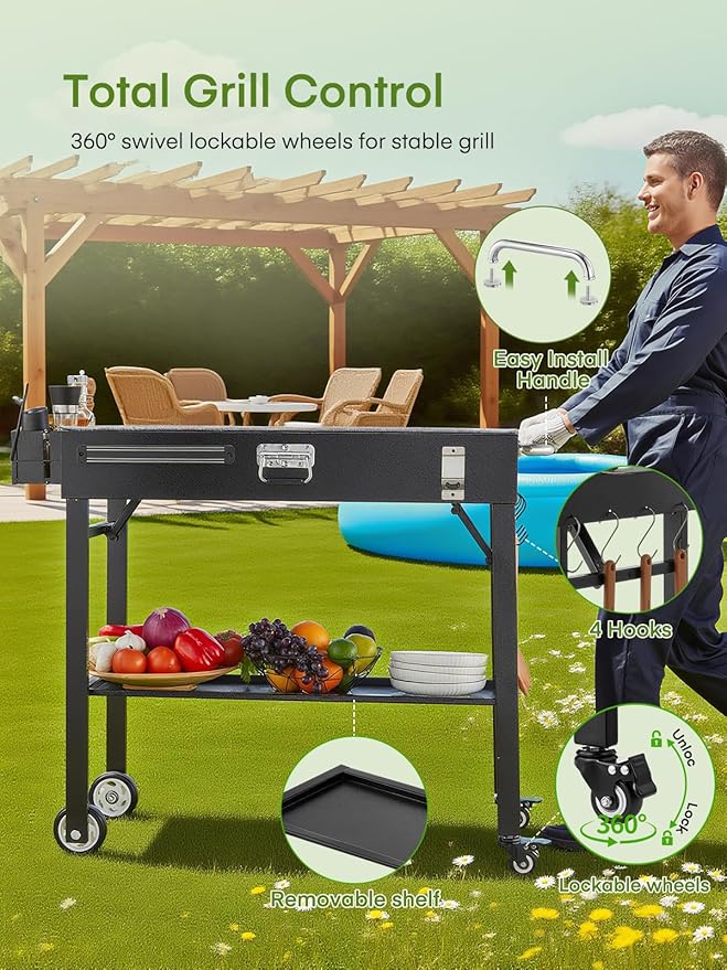 Grill Cart, Portable Outdoor Grill Table for Blackstone Griddle, Foldable Cart Table with Wheels, Griddle Stand with Paper Towel Holder, BBQ Prep Tables with Seasoning Tray