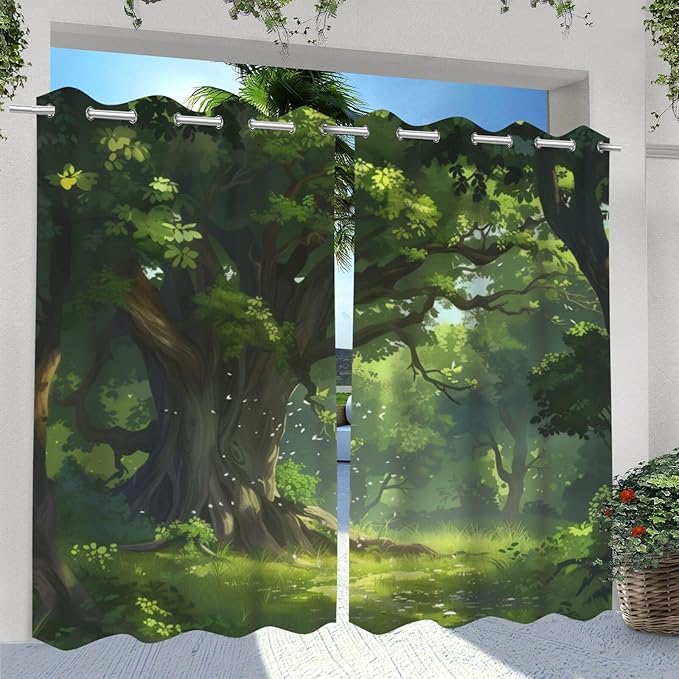 Nature Theme Waterproof Outdoor Curtains for Patio,Forest Pattern,Privacy, Grommet Curtains for Patio, Pergola, Porch, Deck, Lanai, and Cabana,2 Panels,W36 x L84,Green