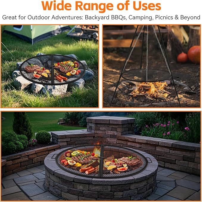X-Marks Fire Pit Cooking Grill Grate with Support X Wire - Heavy Duty Folding Round Campfire Grill Grid - Portable Camping Cookware for Outside Party Gathering - 36 inch