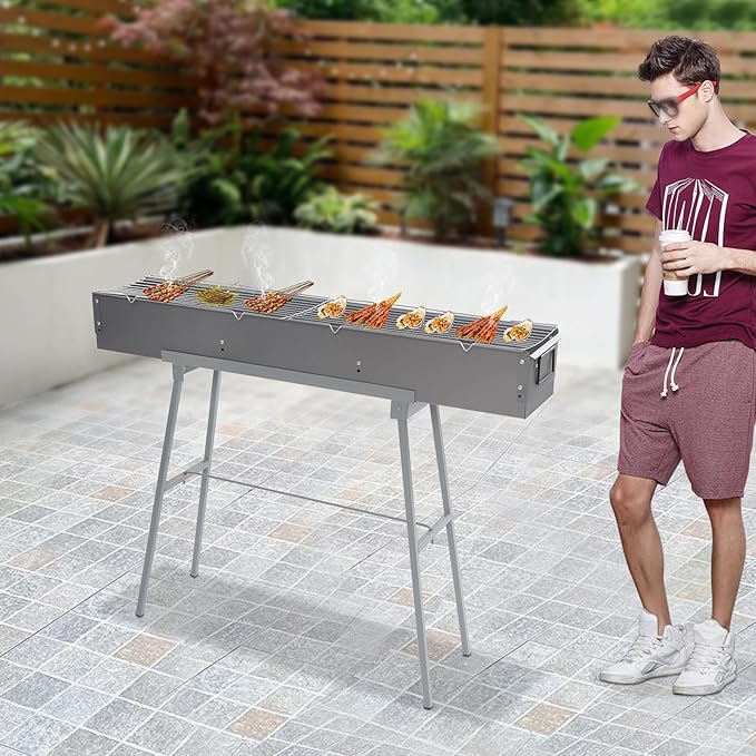 Portable Charcoal Grill, 39.3x7x5.1in Folding Camping Barbecue Gril with 2 Grill Meshes and Stand, 88 lbs Capacity Charcoal Grills for Party, Garden Picnic, Travel, Outdoor Party