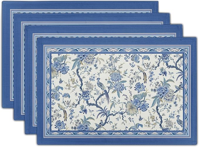 Giwawa 4PCs Chinoiserie Placemats Blue White Floral Birds Decorative Linen Table Mat 12"x18" Oriental Style Classic Flowers Heat Resistant Washable Place Mats for Kitchen Dining Party