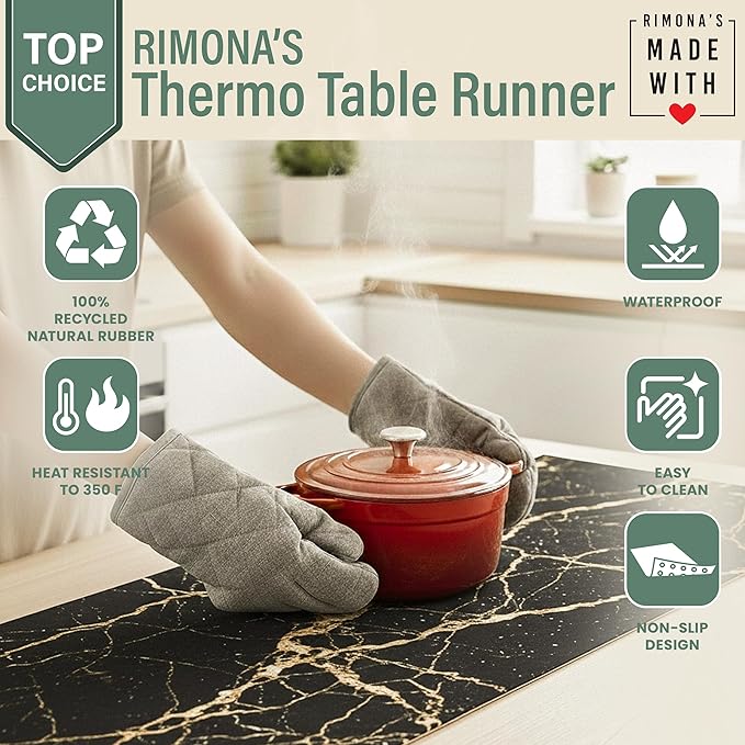 RIMONA'S Thermo Heat Resistant Table Runner and Trivet for Hot Dishes - Waterproof Hot Plates to Protect Table and Countertop - Kitchen & Dining 350F Heat Protector 40" - Black Golden Marble