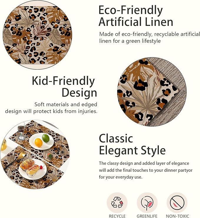 Black Brown Leopard Placemats Set of 6,Tropical Palm Leaves Place Mats Heat Resistant Washable Non-Slip Table Mats for Party Kitchen Dining Decor 12x18 Inch