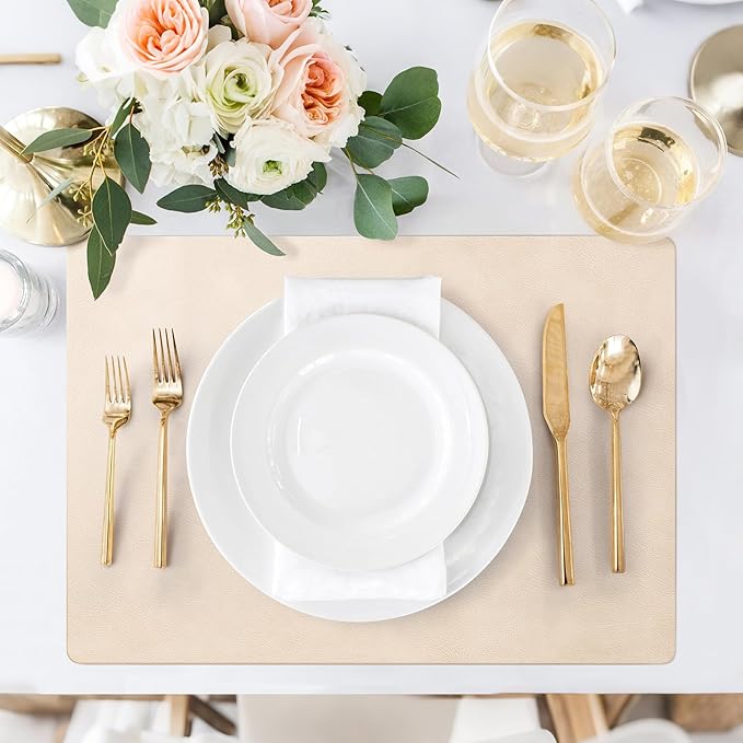 Roxifina Faux Leather Placemats Set of 4 - Vinyl Placemats Wipeable Waterproof Oil-Proof PU Place Mats Heat Resistant Reversible Table Mats for Dining, Kitchen, Outdoor, 12 x 17 Inch (Beige)