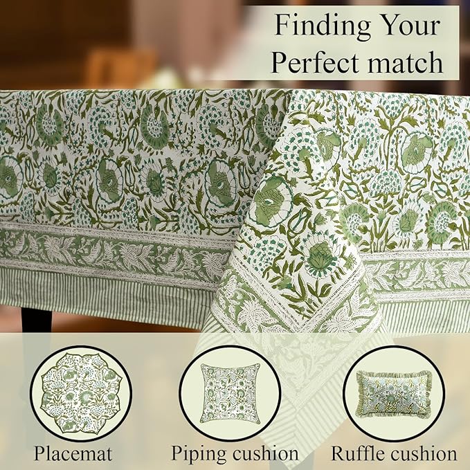CPC Tablecloth 100% Cotton 60x90 Inch Indian Block Print Rectangle Table Cover, Washable Table Cloth for Weddings, Spring/Summer, Barbeque - Agate Green