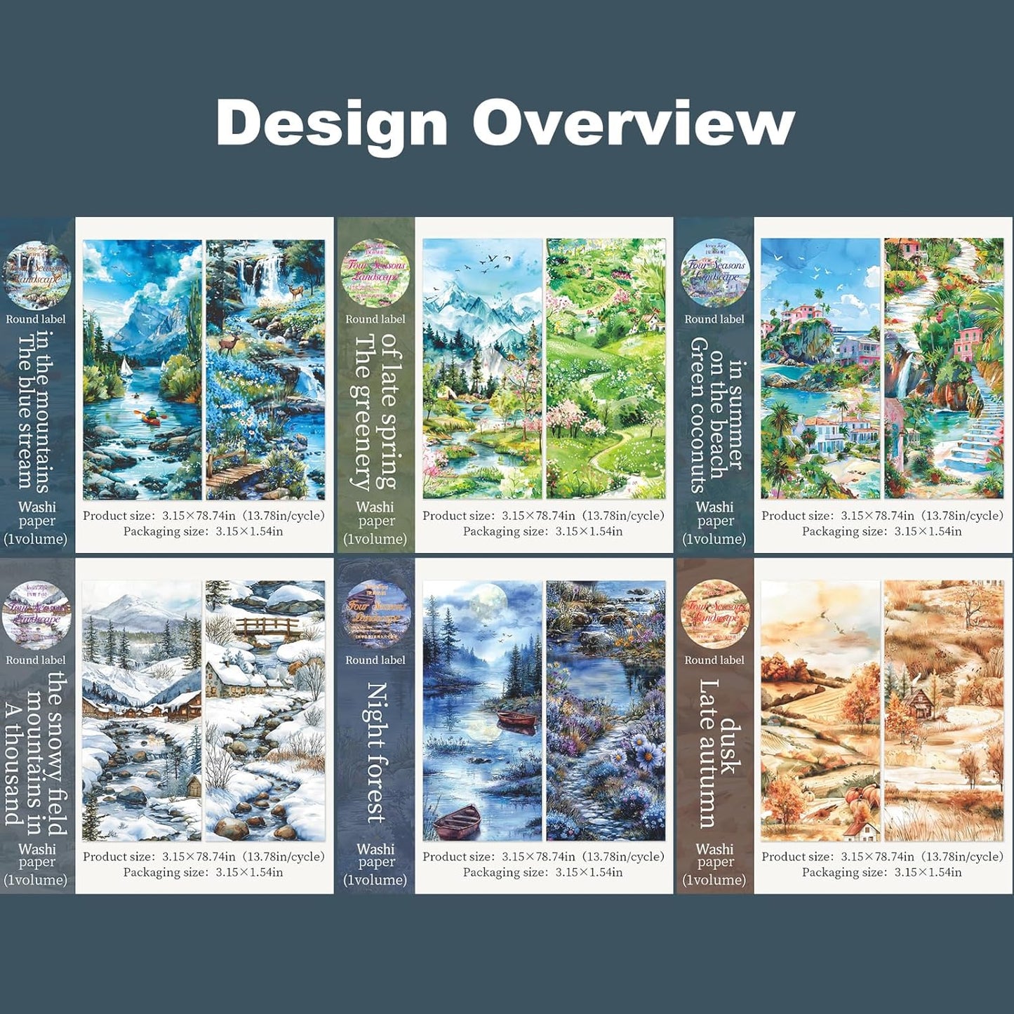 6 Rolls Seasons Landscape Washi Tape Set, 3.15in Large Nature Sticker Tape with Clip for Journaling, Scrapbooking, Planner Decoration, DIY Crafts and Art Projects