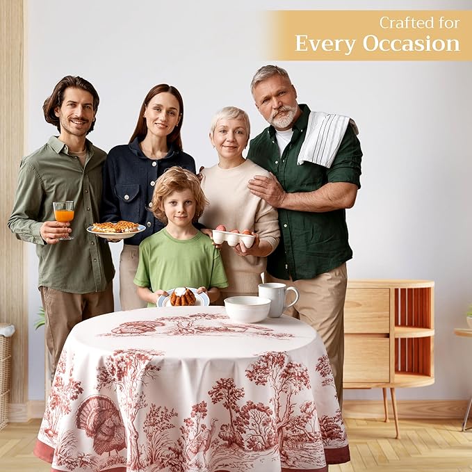 Maison d' Hermine Table Cloth Round Table 100% Cotton 69 Inches Fall Tablecloth Reusable Everyday Use for Thanksgiving Christmas Decorations Dining Farmhouse Party (Holy Jouy - Brown)