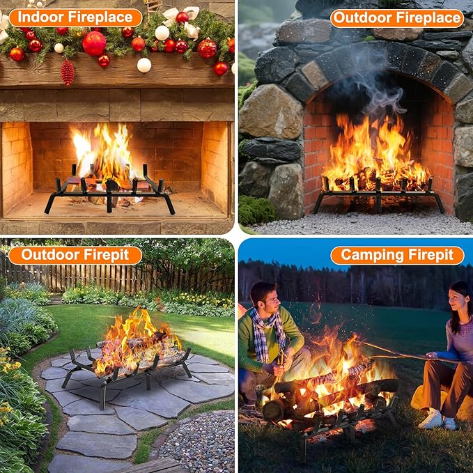 FEED GARDEN Small Fireplace Grate 17 inch Heavy Duty Fireplace Log Holder, 1/2" Solid Steel Bar Fire Pit Grate for Indoor Outdoor, Wood Stove Fireplace Accessories Wrought Iron Firewood Burning Rack
