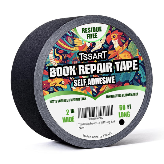Book Repair Tape - Self Adhesive Matte Book Binding Tape for Reinforcing Protecting, and Covering Mending Books Old Books - 2 Inch Wide x 50 FT Long, Black