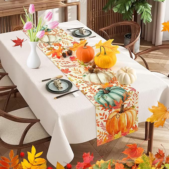 Pumpkin Fall Table Runner, Maple Leaf Autumn Thanksgiving Kitchen Table Decorations for Home Party Decor 13×72 Inches