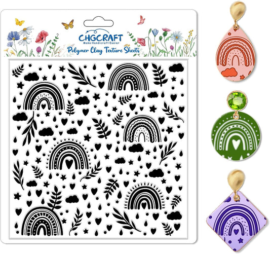 CHGCRAFT Rainbow Polymer Clay Texture Sheets Bohemian Plant Pattern Silicone Texture Stamp Clouds Love Clay Texture Mat Modeling Pattern Pad Sheets for Jewelry and Earrings Tools, 5.5x5.5 inch