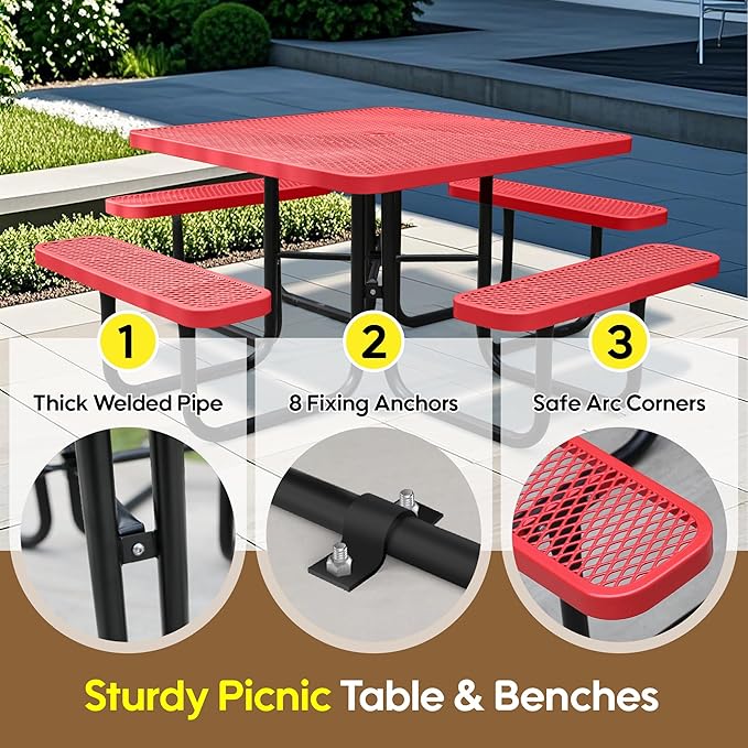 46'' Square Metal Picnic Table for Outdoors, Commercial Steel Metal Picnic Tables, Heavy Duty Sturdy Picnic Tables Furniture Set for Patio Garden Courtyard BBQ, with Umbrella Hole, Red