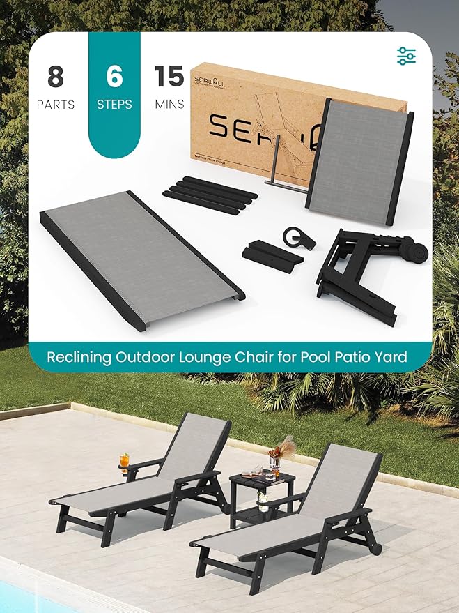 SERWALL Patio Chaise Lounge Chair, 5 Positions Outdoor Lounger for Pool, Textilene Lounge Chair with Rolling Wheels for Poolside, Deck, Black
