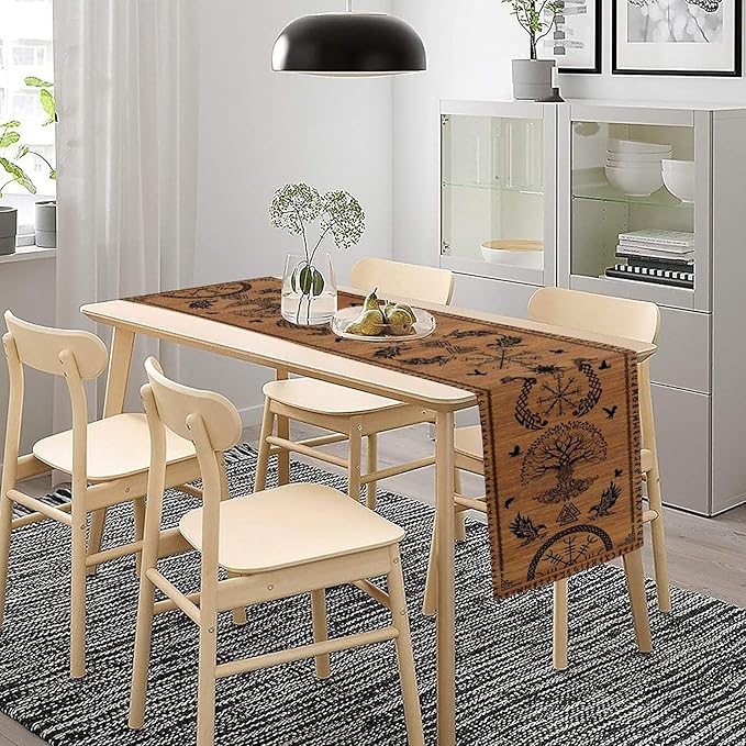 Viking Table Runners, Viking Tree of Life Raven Helmet of Awe Wood Print Table Runner for Home Kitchen Coffee Dining Room Bedroom Party 13x90in