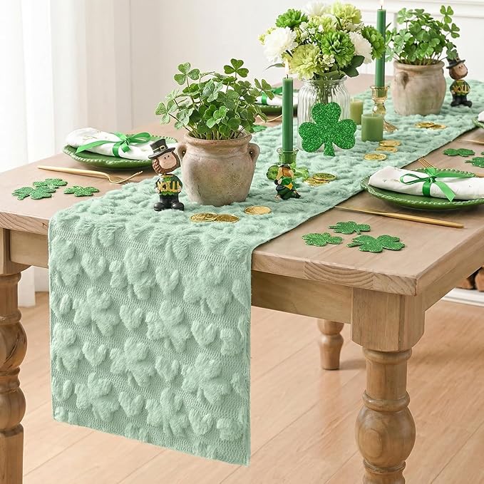 Artoid Mode Sage Green Soft Plush Faux Fur Jacquard Heart Clover St. Patrick's Day Table Runner, Seasonal Kitchen Dining Table Decoration for Home Party Decor 13x120 Inch