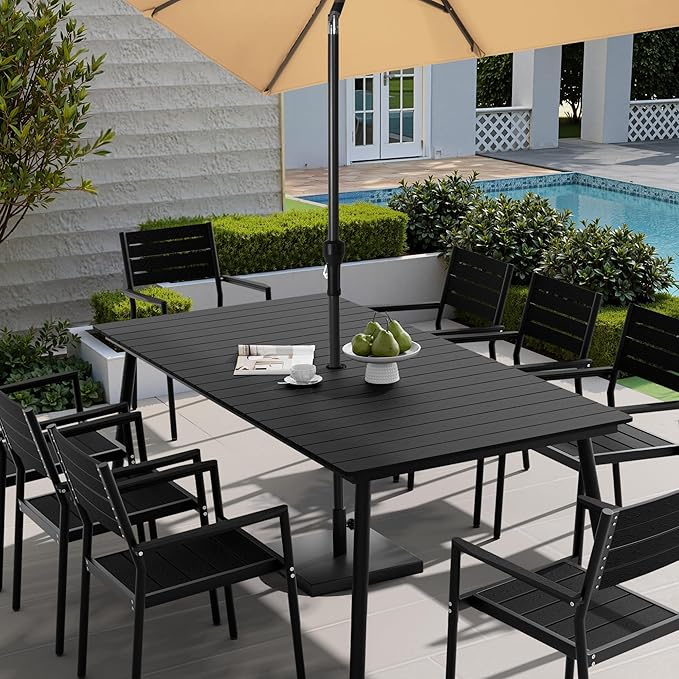 83" Patio Outdoor Dining Table for 6-8, Weather-Resistant Wood-Grain Top with Aluminum Frame & Umbrella Hole for Deck Gatherings, Black