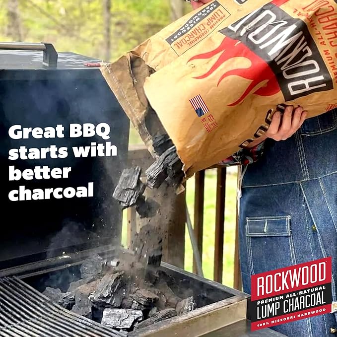 Rockwood Premium Hardwood Lump Charcoal – Oak, Hickory & Cherry Blend for Restaurant Quality Barbecue Smoking & Grilling – Smoky Flavor BBQ, Clean Burning for Kettle & Kamado Grills – 20lbs (3 Packs)