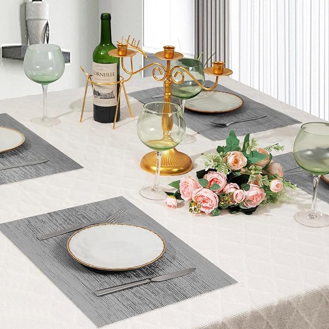 Leetaltree Grey Placemats, Heat Resistant Non-Slip Place mats for Dining Table, Washable Durable PVC Vinyl Woven Table Mats (Set of 8)