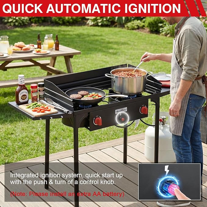 Bestfire 2 Burner Camping Stove with Windpanel& Side Shelves, Bag, Auto Ignition Button,Regulator,150,000 BTU Camping Stove Propane Burner With Removable Legs for Outdoor BBQ&Backyard