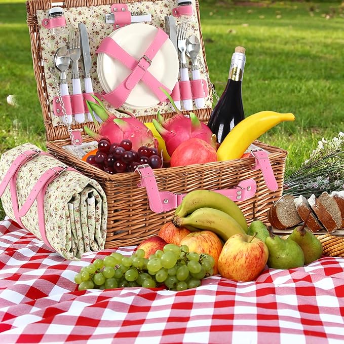 Neti Neti Wicker Picnic Basket for 4 with Insulated Cooler & Waterproof Blanket – Large Willow Picnic Hamper for Outdoor, Camping, Beach, Romantic Dates, Valentine’s Day
