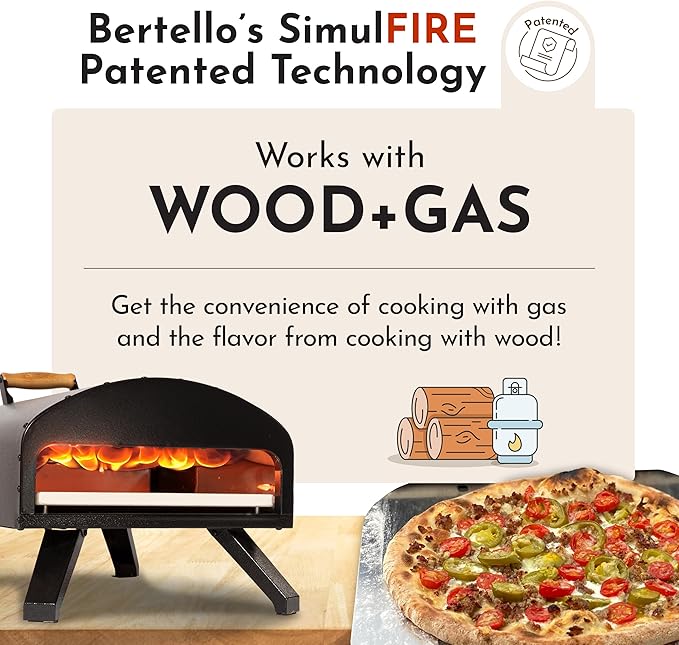 Bertello SimulFIRE Outdoor Pizza Oven Bundle - Wood Fire Portable 12 inch Brick Oven with Gas Burner, Peel, Wood Tray, Cover, & Thermometer - Portable Pizza Maker - As Seen on SHARK TANK