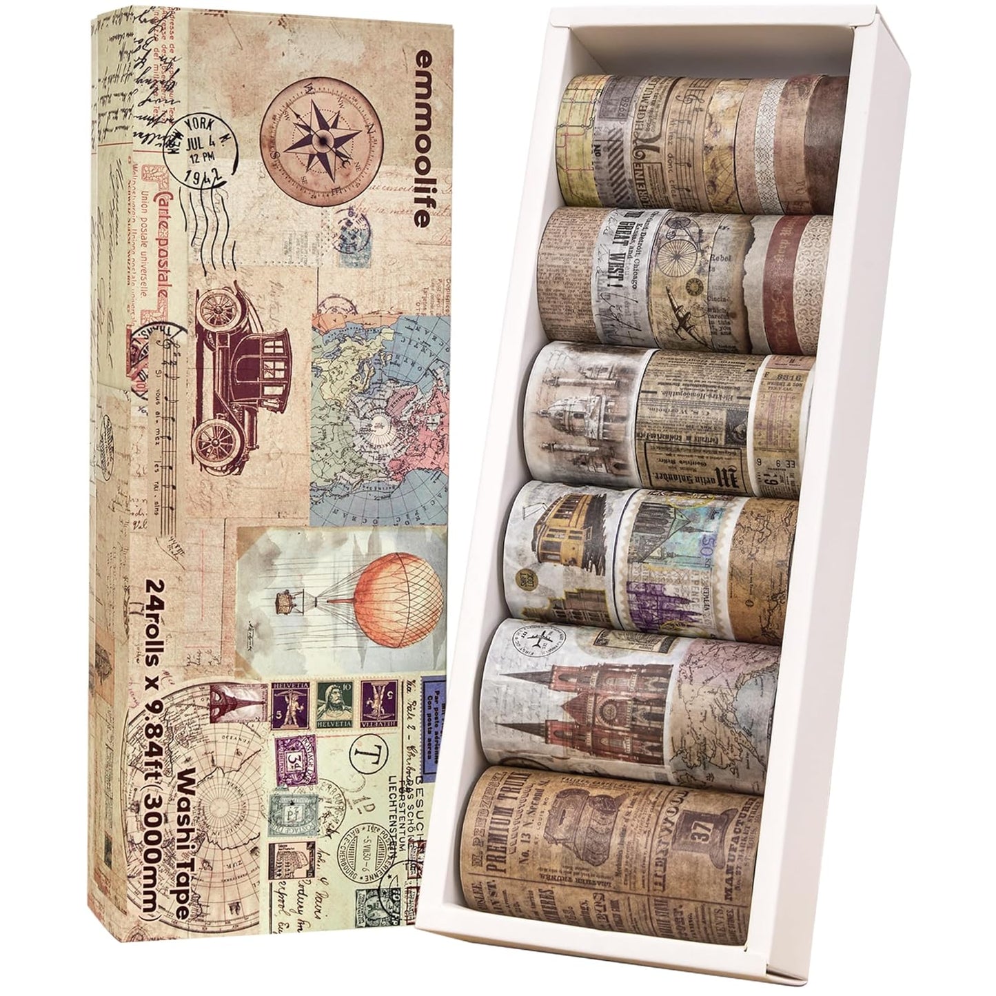 24 Rolls Vintage Washi Tape Set, Antique Car Buildings Map Stamp Stripe Writable Aesthetic Washy Decorative Tapes for Scrapbooking, Junk Journal Supplies, Bullet Journaling 5-75mm Wide (3m Long)/Roll