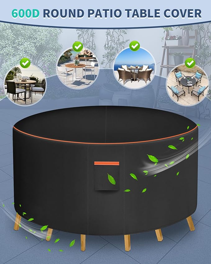 Round Patio Furniture Cover, 72 Inch Diameter Waterproof 600D Heavy Duty Table and Chair Set Protection Black