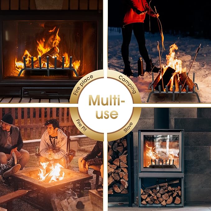 G GOOD GAIN Fireplace Grate 24" with Ember Retainer, Heavy Duty Cast Iron Indoor, Chimney Hearth Wood Stove Burning Rack Holder,1/2” Bar Fire Place Asseccories for Outdoor, Fire Pits, Camping