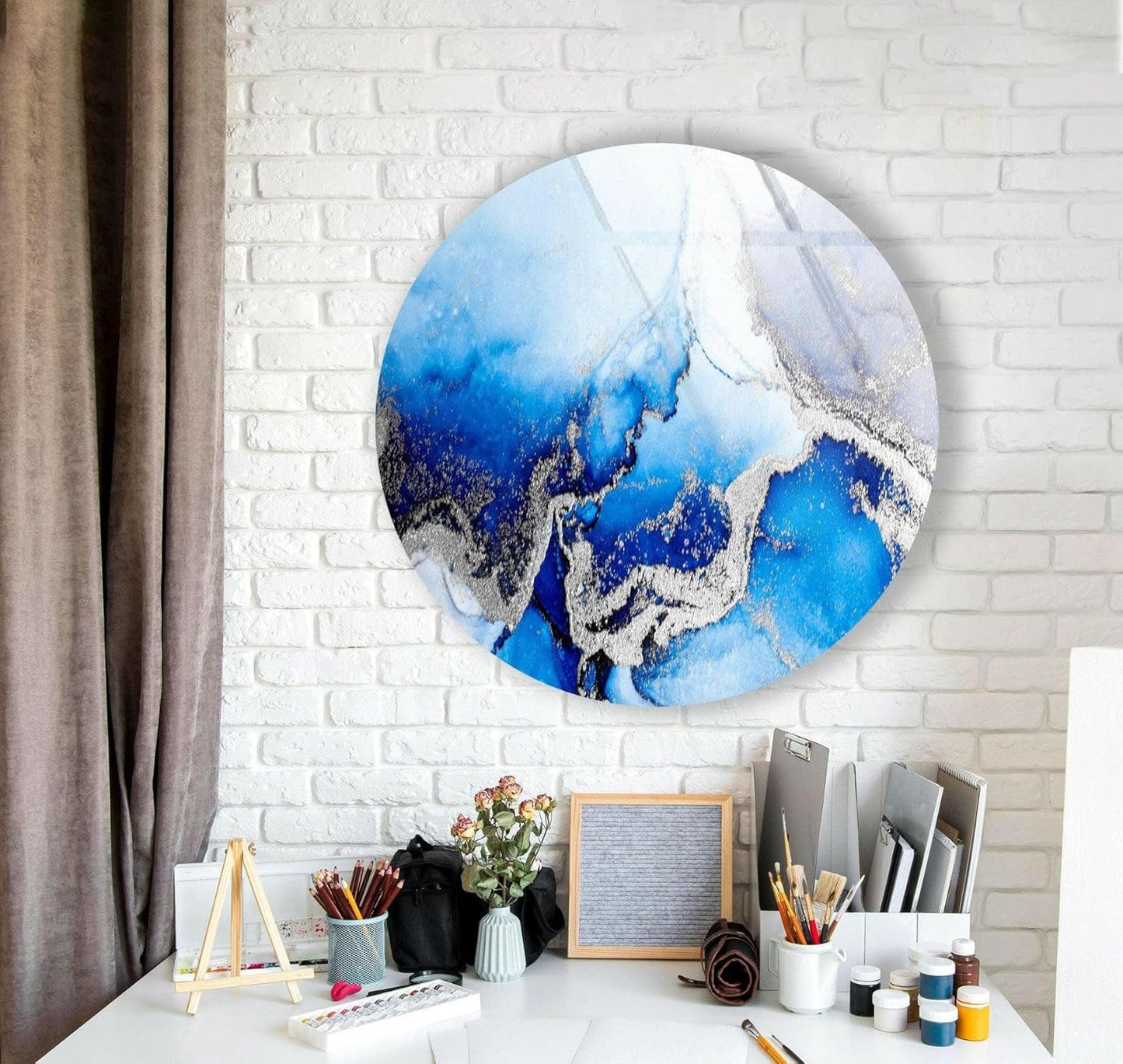 My Photostation.com 27.5''(70cm) Diameter Blue Marble Round with Silver Details Glass Wall Art Tempered Glass Printing Wall Decor Large Wall Art Wall Hangings