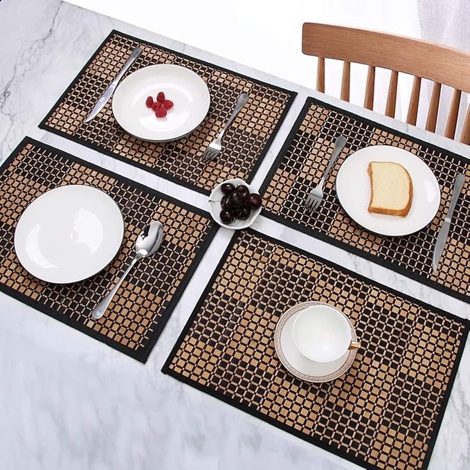 Placemats Set of 4 for Dining Table, Bamboo Place Mats for Kitchen Table Decor, Table Mats Heat Resistant & Non-Slip for Indoor/Outdoor Party, Table Placemats Set of 4 for Dinner Table Black