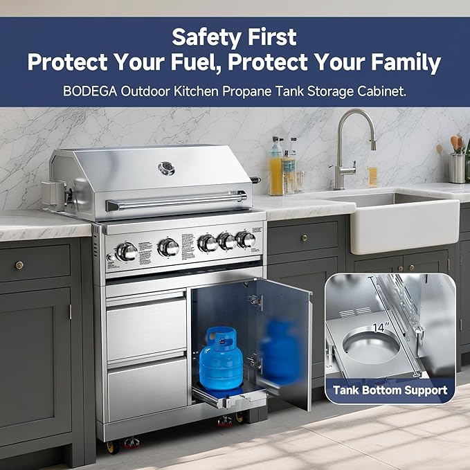 BODEGA Outdoor Kitchen Cabinets for Built-in BBQ Grill with 2 Drawers and Propane Tank Storage, Stainless Steel Outdoor Kitchen Drawer Suitable for 30 Inch Propane Grills.