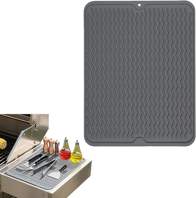 Grill Accessories, 16x12 Inch Silicone Heat Resistant Mat, BBQ Tool Rest Pad for Blackstone Griddle Side Shelf, Weber, Traeger, Outdoor Kitchen Countertop Protector (Grey)