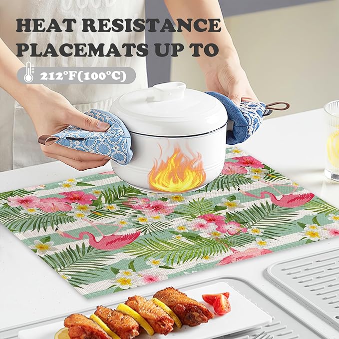 Flamingo Flowers Linen Placemats Set of 6,12x18 Inch Tropical Leaves Washable Table Mats Heat Resistant Place Mats for Home Party Kitchen Dining Decoration
