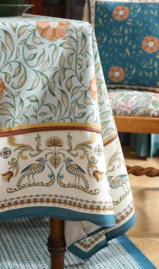 patdrea Designer French Linen Blue Tablecloth for Rectangle Table,Vintage Floral Table Cloth,Colorful Decoration Fall Cover Kitchen Dining for Thanksgiving,Tea Party,Christmas,55"x79"-Wensel