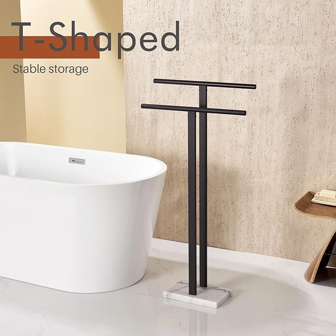 KOKOSIRI Free Standing Towel Racks Matte Black 2-Tier Towel Holder for Bathroom Floor Stand with Heavy Marble Base Thicken Steady Design Stainless Steel THS0005-BK