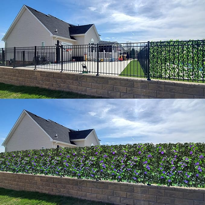 Expandable Fence Privacy Screen for Balcony Patio Outdoor,Decorative Faux Ivy Fencing Panel,Artificial Hedges (Single Sided Leaves) (1, Branches -Purple Fowers)
