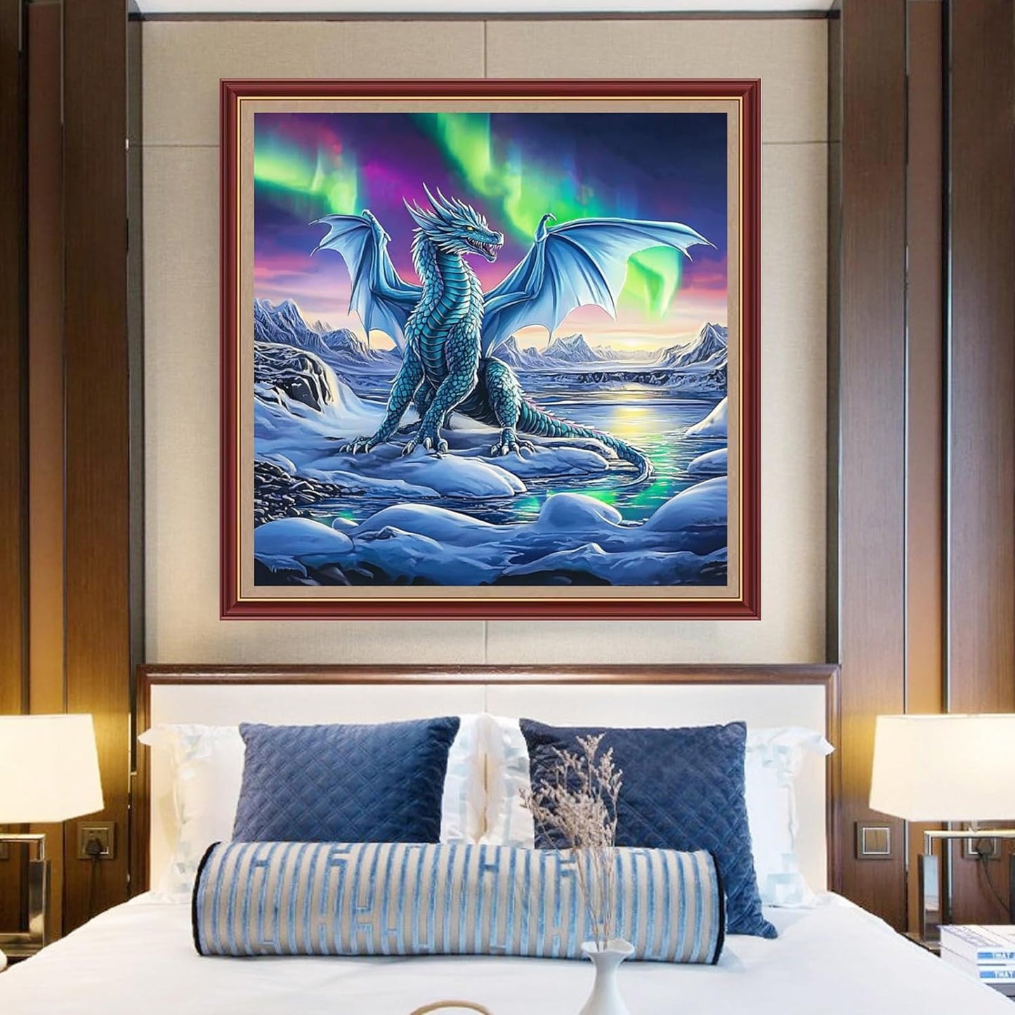 DMCXART Counted Cross Stitch Kits for Adults Needlepoint Kits Unprinted Cross Stitching Embroidery Kit 11CT Cross Stitch Supplies-Northern Lights Snow Dragon 18x18 inch