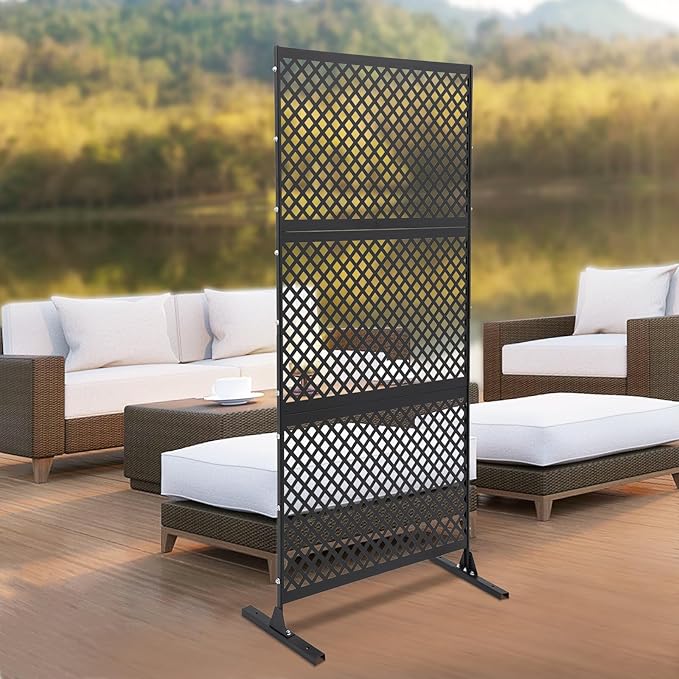 Outdoor Metal Privacy Screen with Stand, 35.4" W x 75" H Freestanding Metal Slatted Decorative Privacy Screen and Panels for Patio Garden Balcony Porch (Black Grill)