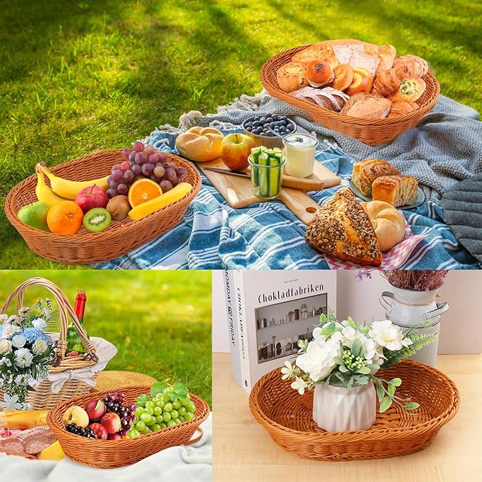 5 Pack 13.8 Inch Oval Poly Wicker Baskets, Plastic Oval Wicker Baskets, Rustic, Durable & Easy-Cleaning Wicker Bread Basket, for Home, Restaurant & Hotel Use, Brown