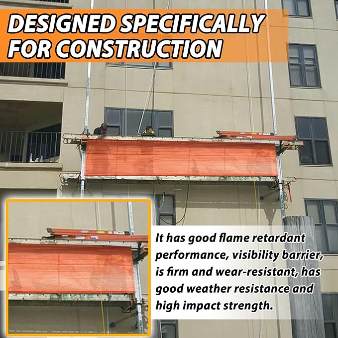 20' L x 40" W Construction Safety Debris Netting with 14 Tapes & Buckles, Orange Fire Retardant Pump Jack Safety Net, Scaffold Safety Netting Rolls Scaffold Net Enclosure