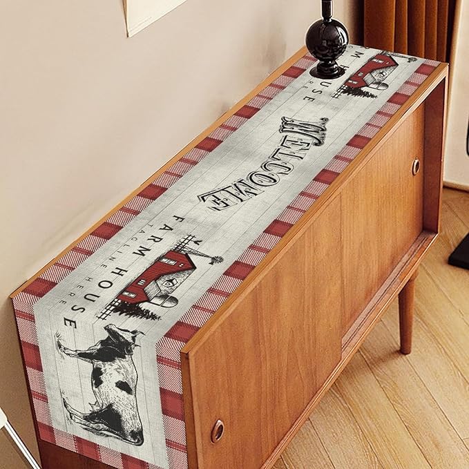 Farmhouse Cow Table Runner, Rustic Red Plaid Animals Buffalo Coffee Table Center Decor for Family Kitchen Dining Room and Living Room Outdoor Country Holiday Party Table Decorations, 13" X 72"