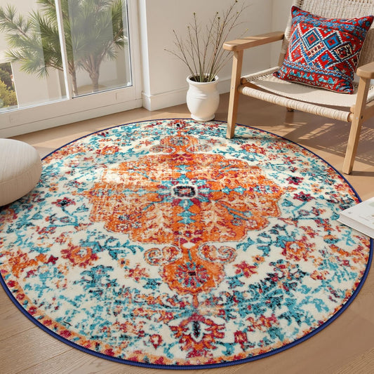 Lahome Washable Round Rugs 5'3"ft, Bohemian Orange Circle Rugs for Living Room, Entryway Round Area Rug, Floral Medallion Soft Non Slip Nursery Carpet for Bedroom Dining Coffee Table