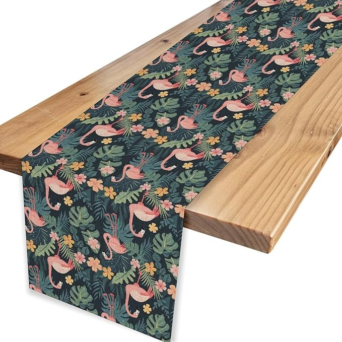 Tropical Flamingo Table Runner,Hawaii Seasonal Floral Spring Summer Green Plants Table Center Decor for Family Kitchen and Living Room Outdoor Farmhouse Party Table Decorations, 13"x36"