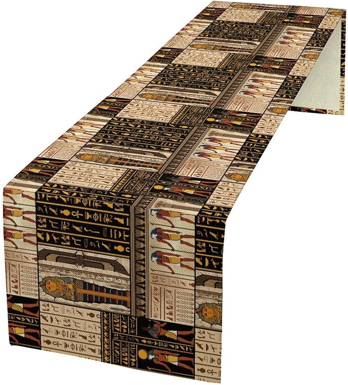 Ancient Egyptian Table Runner, Vintage Abstract Mystical Hieroglyphics Culture Table Runner for Dining Coffee Party Holiday Farmhouse 13x108in
