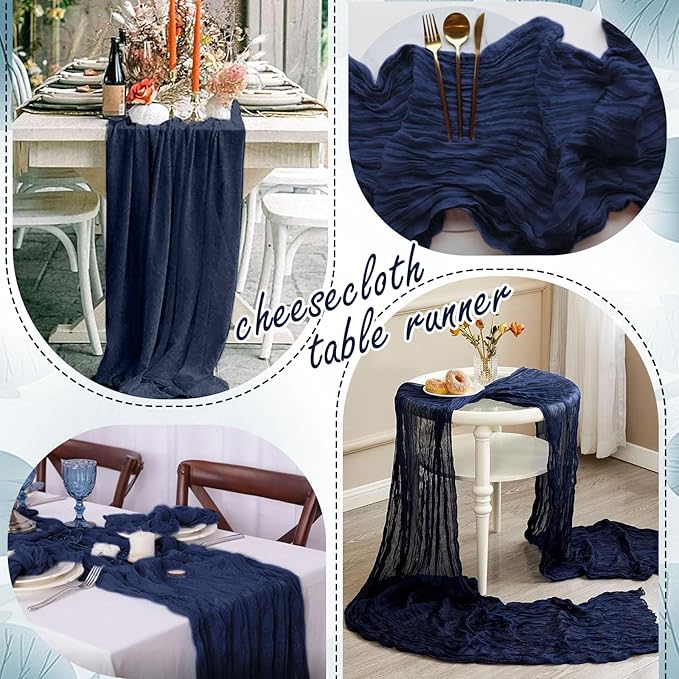 20 Packs Cheesecloth Table Runner 10FT Long Boho Gauze Fabric Table Runner Vintage Rustic Sheer Runners for Wedding Party Bridal Baby Shower Table Decorations (Navy Blue )